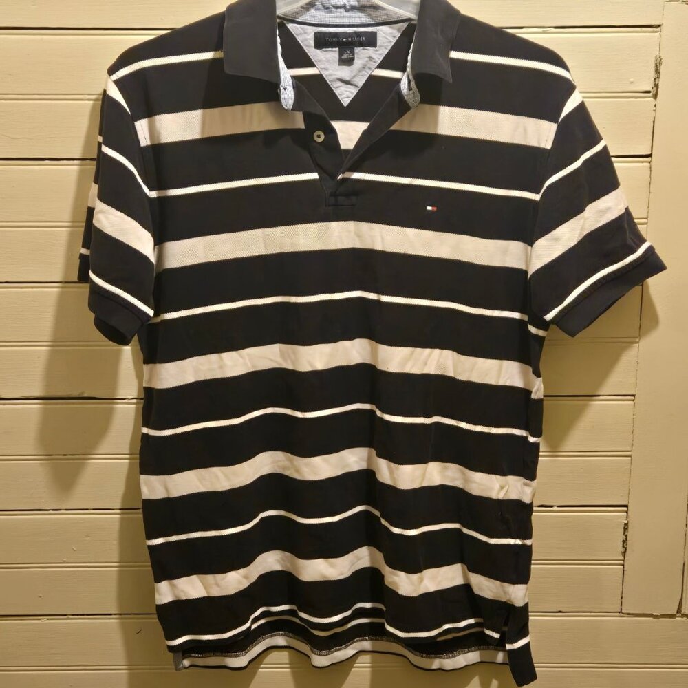 Tommy Hilfiger Polo Mens L Black White Stripe Short Sleeve Classic Logo Casual
